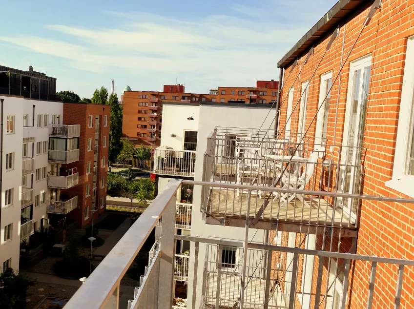 An exterior view of the balconies on the housing area Folkets park in the city of Malmö (picture).