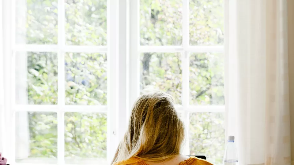 A female portraying student facing the window in front of her with the back to the viewer (picture)