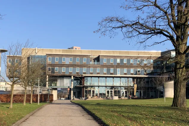 Picture of Ingvar Kamprad Designcentrum taken from the park just next to it showing the building from the south.