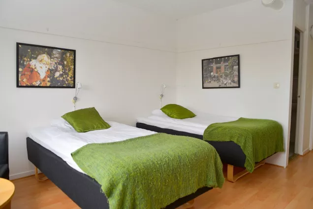 An overview in a room at University Guest House showing two beds with green pillows and blankets on them and two paintings on the wall behind them (picture)