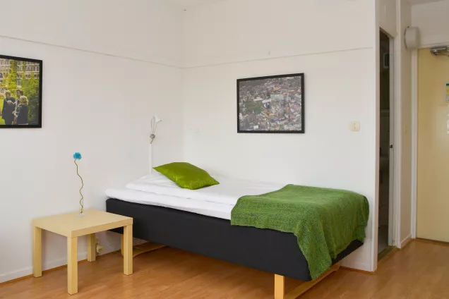 Overview of a single room at University Guest House showing a bed and bedtable, two paintings on the walls and the the right the door to the hallway and the door to the bathroom (picture)