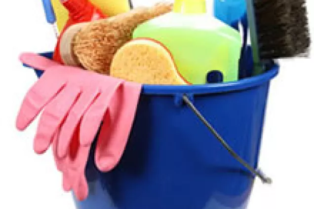 A bucket with cleaning material in it showing gloves, bottles of detergent and brush