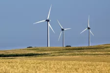 Wind turbines over a yellow grain field.