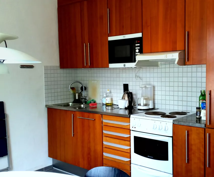 An overview of the kitchen in apartment 3 at the housing area Biskopshusets annex showing the cupboards and cooking area (picture)
