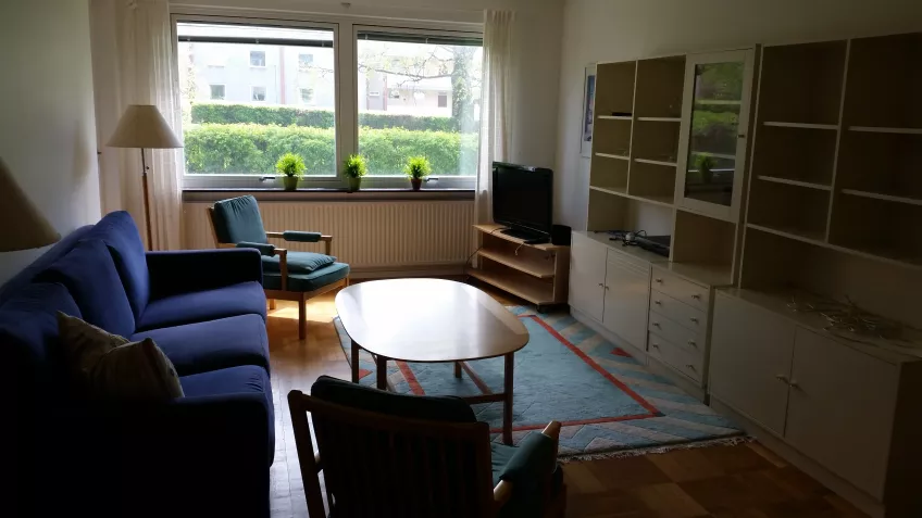 Overview of the living room inside the apartment at the housing area Dag Hammarskjölds väg showing a sofa, coffee table, window and shelves (picture)