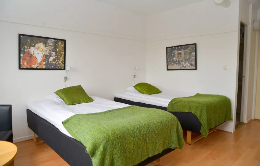 An overview in a room at University Guest House showing two beds with green pillows and blankets on them and two paintings on the wall behind them (picture)