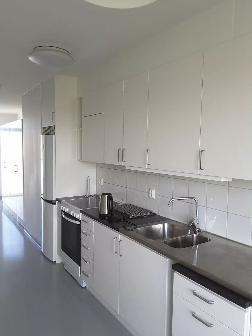 Overview of shared kitchen in two bedroom apartment 1407 at housing area Sofieberg showing the sink area to the right including cupboards, sink and cooker (picture)