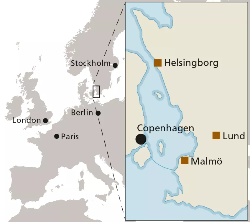 To the left: a map showing the western parts of Europe including where the cities of Stockholm, Berlin, London and Paris are located. To the right: a zoomed in map of southern part of Sweden showing where the cities of Helsingborg, Copenhagen, Lund and Malmö are located.