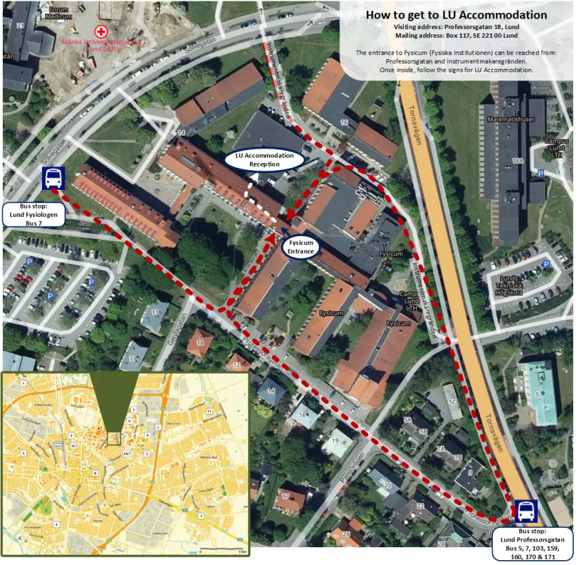 Map of LU Accommodation's reception, showing how to reach Professorsgatan 1B through Professorsgatan or Instrumentmakaregränden, and then to follow signs for LU Accommodation. Aerial map with arrows and text overimposed, LU Accommodation.