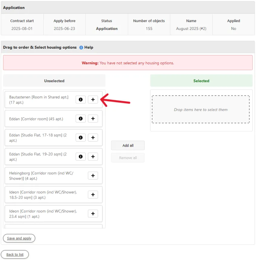 Cutout showing Application information and two columns of boxes, the left column is filled with several boxes with housing options with plus buttons, marked by a red arrow. Screenshot by LU Accommodation.