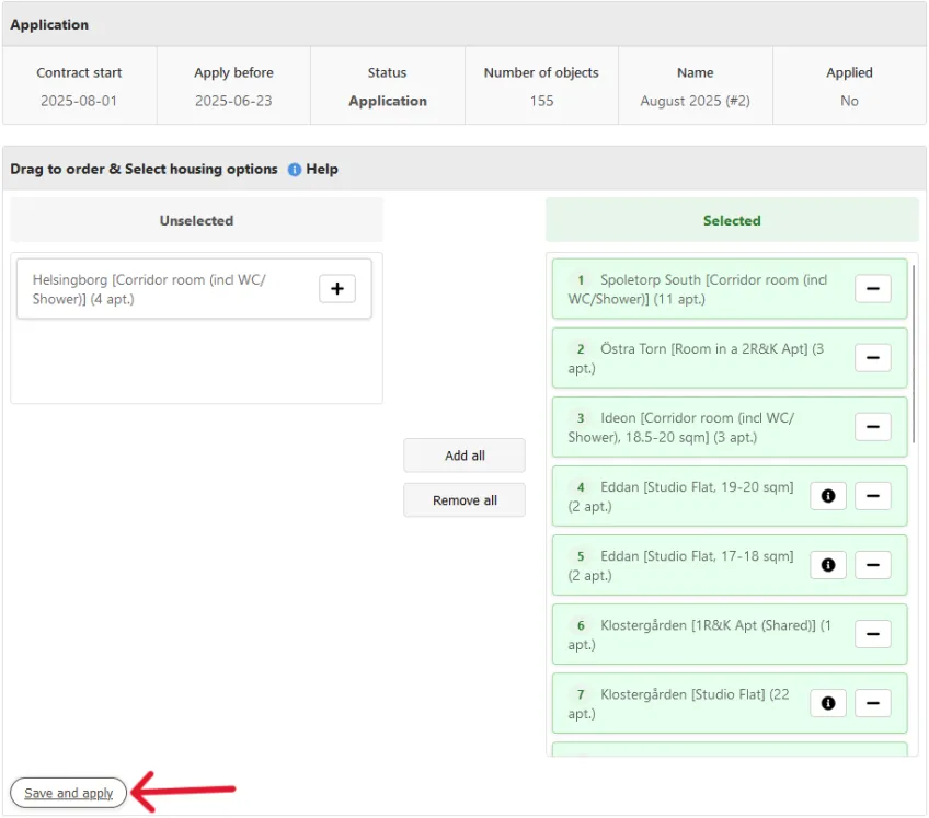 Cutout showing Application information and two columns of boxes, the left column is now empty except for one option, and the right column is fille with green boxes, numbered 1, 2, 3 and so on from top to bottom. The red arrow is highlighting a "Save and Apply" button at the bottom left. Screenshot by LU Accommodation.