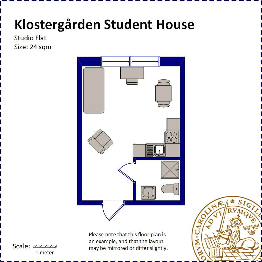 Floor plan of a one room apartment with a kitchenette and an ensuite bathroom with shower. Illustration by LU Accommodation.